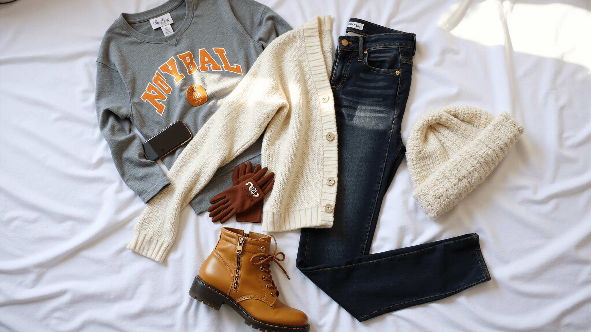 Stylish flat lay of game day fashion essentials on a white duvet, featuring a vintage team jersey, chunky cardigan, dark denim jeans, combat boots, a clear stadium bag, and accessories like a pearl beanie, touch-screen gloves, and a team-colored scarf, all illuminated by soft natural morning light.