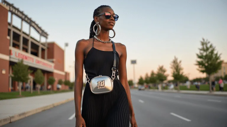 A young Black woman in a black pleated sundress and team-colored accessories confidently approaches a stadium entrance during golden hour, with oversized hoop earrings and a metallic crossbody bag, set against a clear September sky.