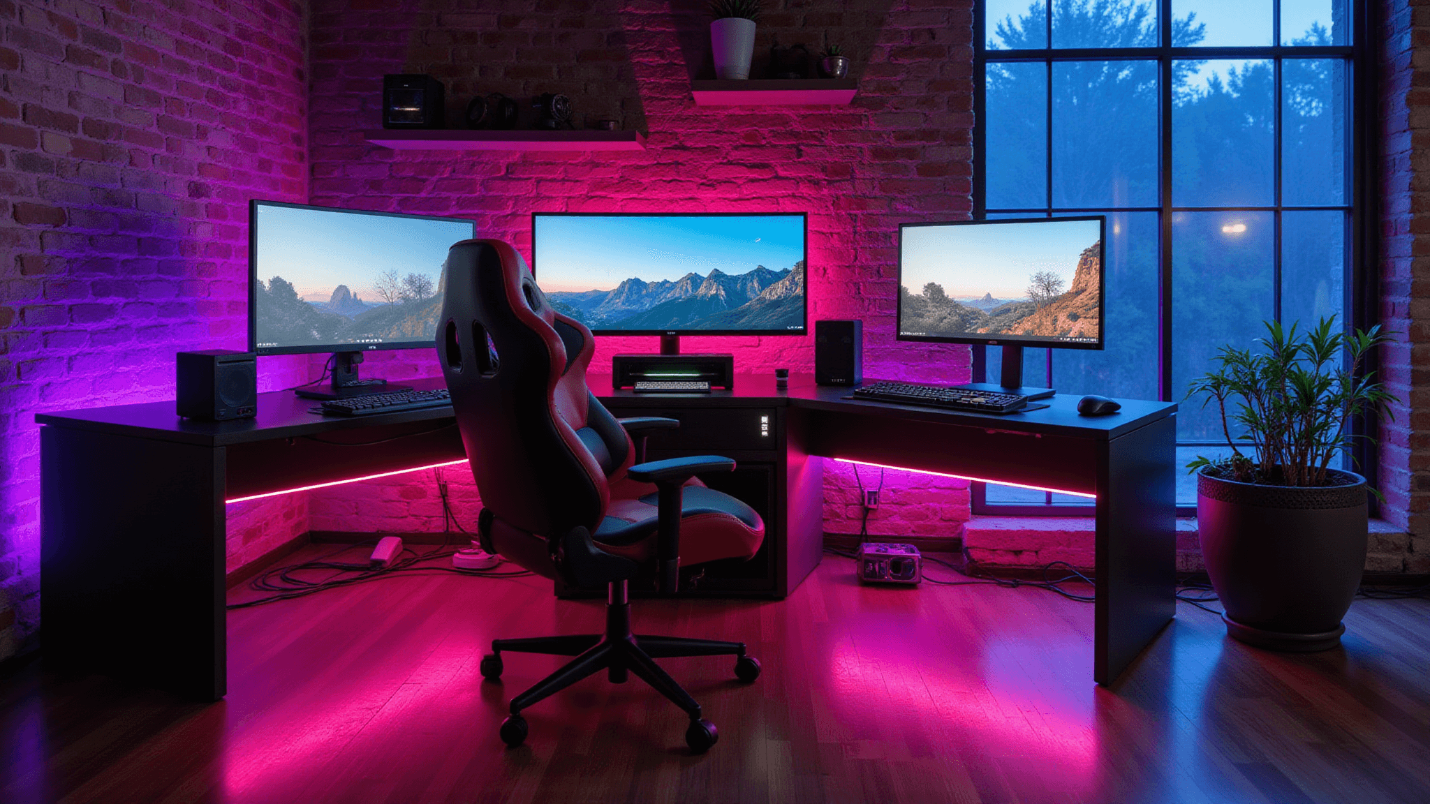 Ultrawide shot of a modern gaming battlestation featuring an L-shaped desk, custom water-cooled PC with RGB lighting, triple ultrawide monitors, ergonomic black and red gaming chair, and ambient LED lighting, all set against exposed brick walls and illuminated by natural sunlight.