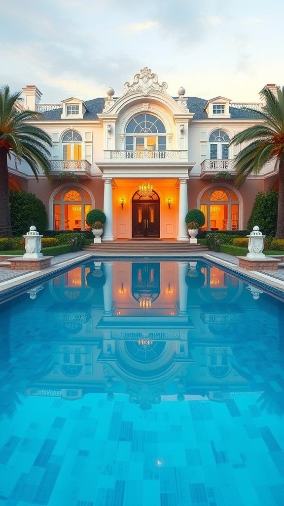 35 Dreamy Bloxburg House Ideas to Inspire Your Next Build A glamorous mansion with a pool reflecting its beauty.