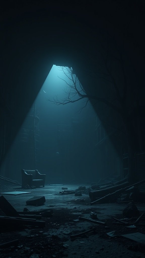 A dark, eerie environment with a beam of light illuminating a deserted area, featuring a lone chair and scattered debris.