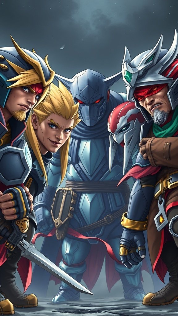 A group of heroic characters in a standoff, showcasing unique armor and weapons.