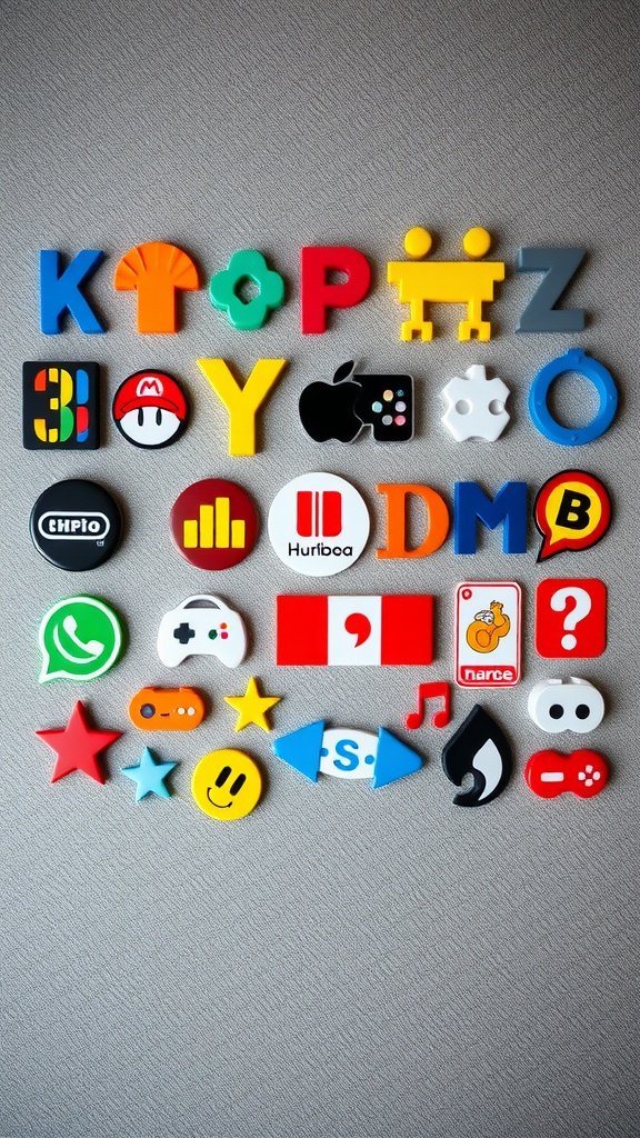 A colorful display of various game logos and symbols arranged on a textured background.