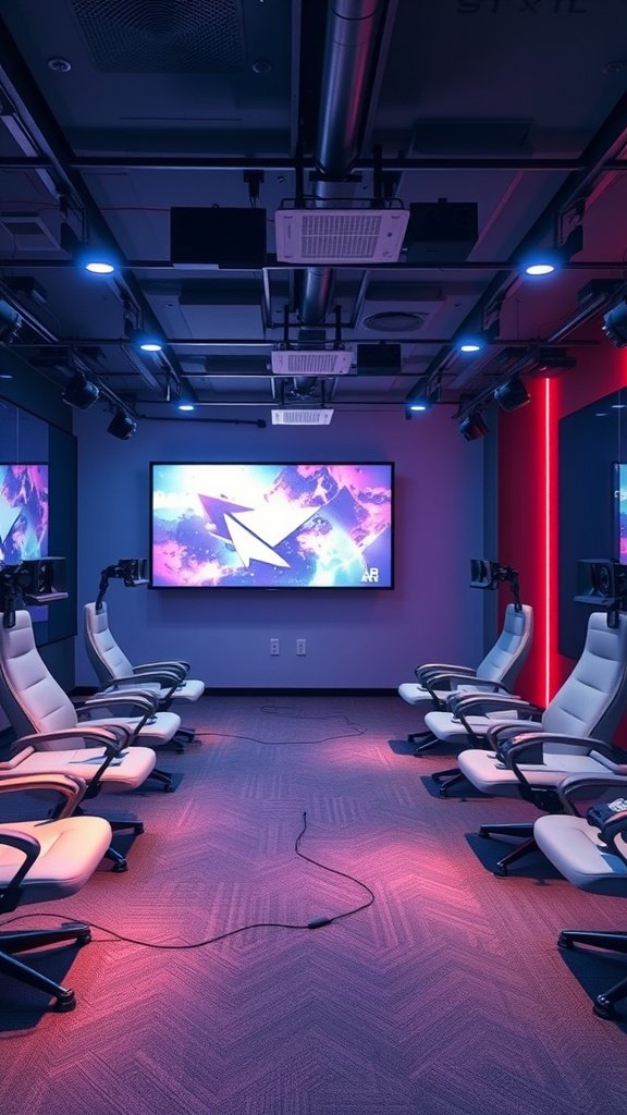 A modern gaming room designed for virtual reality experiences with sleek chairs and a large screen.