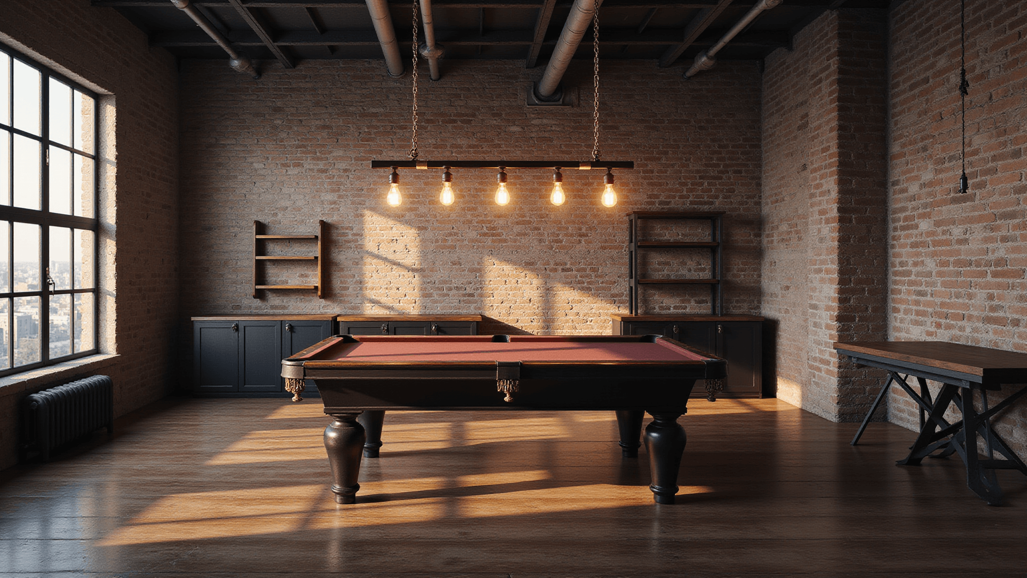 Spacious industrial loft game room with vintage elements, featuring a burgundy felt pool table, exposed brick walls, and large factory windows illuminated by warm golden hour light.