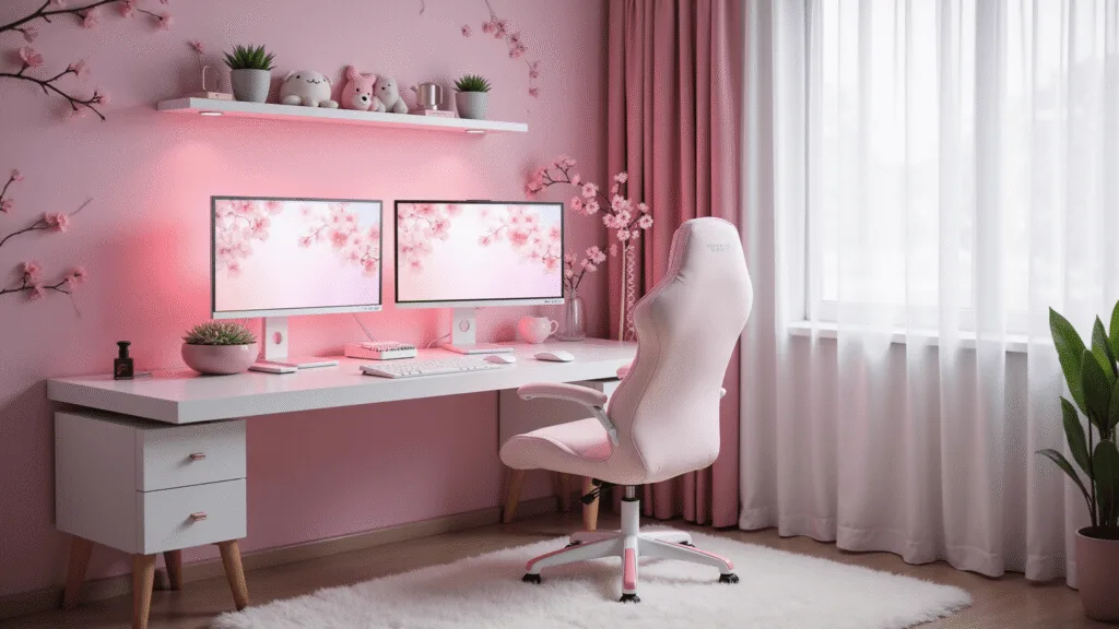 A dreamy gaming setup featuring a white L-shaped desk, dual curved monitors with rose gold bezels, a plush pastel pink gaming chair, and kawaii anime figurines, all bathed in soft pink ambient light.