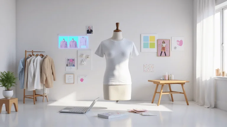 A digital fashion design studio featuring a white t-shirt on a mannequin, surrounded by floating holographic screens with kawaii heart graphics and pastel palettes, illuminated by soft lighting, with fabric swatches and a drawing tablet visible.