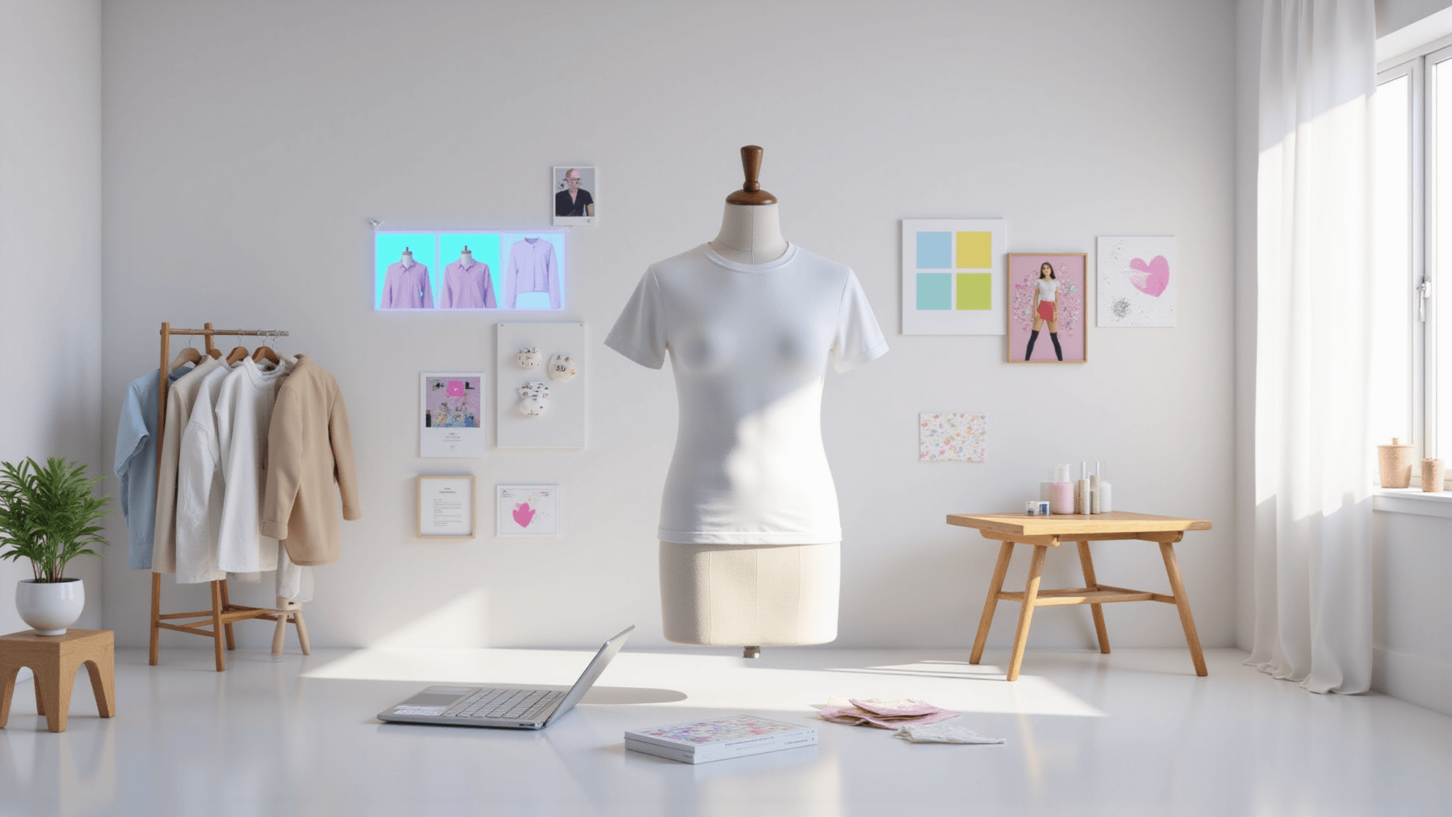 A digital fashion design studio featuring a white t-shirt on a mannequin, surrounded by floating holographic screens with kawaii heart graphics and pastel palettes, illuminated by soft lighting, with fabric swatches and a drawing tablet visible.