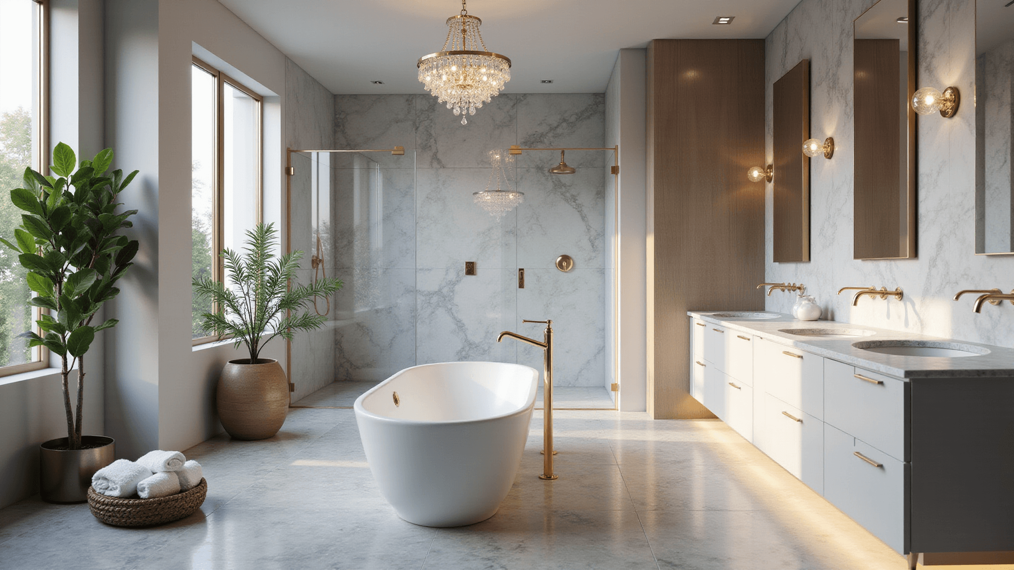 A luxurious modern bathroom featuring a freestanding oval tub, floating marble vanity, and frameless glass shower, illuminated by natural light from large windows, adorned with marble tiles, golden accents, and decorative plants.