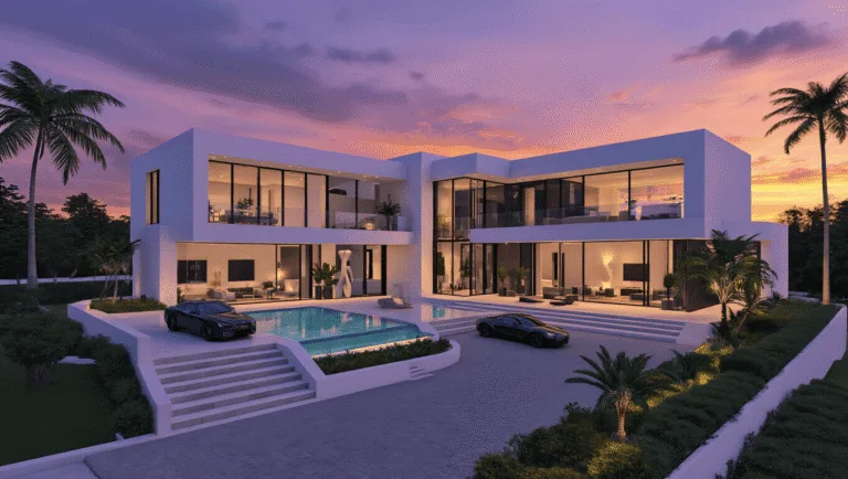 Photorealistic exterior of a modern luxury Bloxburg mansion at twilight, featuring angular white stucco walls, black-framed windows, an infinity pool, and dramatic landscape lighting, captured from an elevated angle.