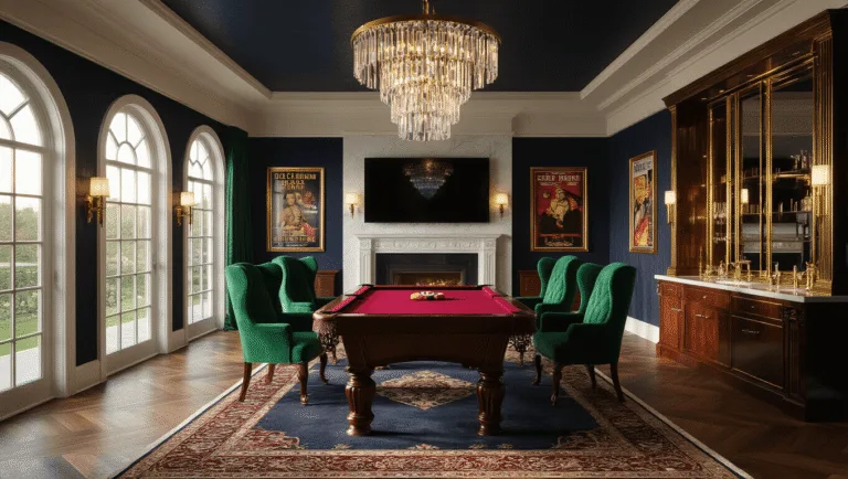 Hyperrealistic image of a luxurious game room featuring a mahogany billiard table, emerald velvet chairs, Art Deco wet bar, and vintage arcade cabinets, illuminated by golden hour light and intricate chandeliers, emphasizing depth and opulence.