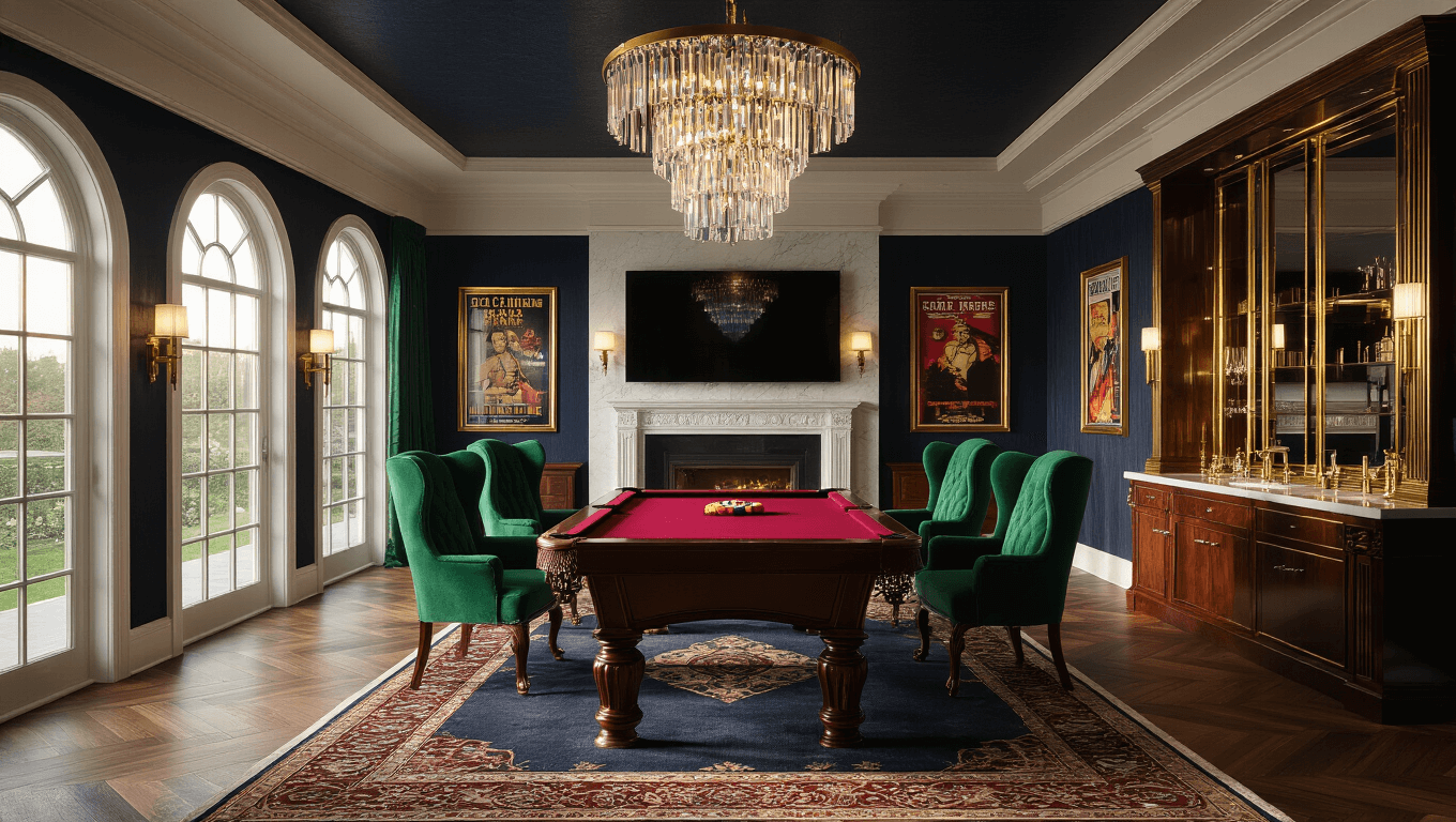 Hyperrealistic image of a luxurious game room featuring a mahogany billiard table, emerald velvet chairs, Art Deco wet bar, and vintage arcade cabinets, illuminated by golden hour light and intricate chandeliers, emphasizing depth and opulence.