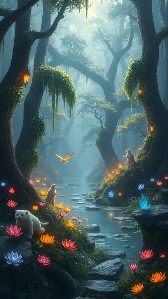 A magical forest scene with vibrant flowers, playful animals, and a serene stream.