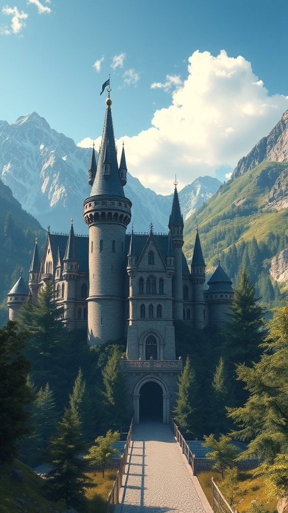 A majestic medieval castle surrounded by mountains and trees under a blue sky.