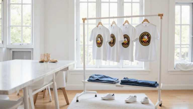 A minimalist bedroom studio featuring fashion Duck Roblox t-shirts on a white rack, with folded denim and sneakers below, accompanied by a marble desk adorned with rose gold accessories, all illuminated by natural light.