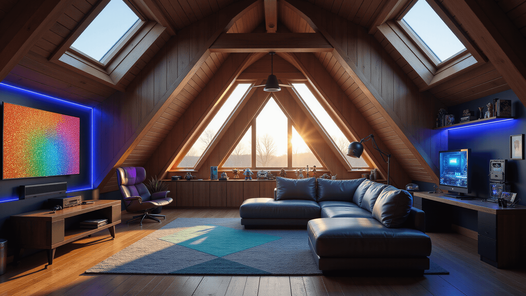 A luxurious attic gaming room featuring a large curved OLED TV, L-shaped sectional couch, and ambient LED lighting, with wooden beams and gaming collectibles in a stylish, cinematic design.