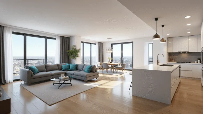 Photorealistic 3D render of a luxurious open-concept Bloxburg apartment interior featuring a gray L-shaped sofa, glass coffee table, modern kitchen with white quartz countertops, teal accent pieces, warm wood flooring, and dramatic pendant lighting, captured from an entryway perspective with soft natural lighting and shallow depth of field.