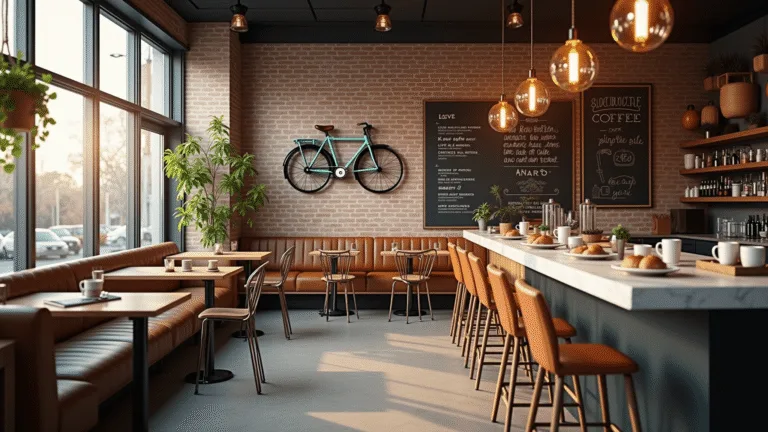 A modern cafe interior featuring industrial-chic design with exposed brick walls, polished concrete floors, and a sleek espresso bar, bathed in natural sunlight from floor-to-ceiling windows. Mid-century modern furniture, hanging plants, and ambient Edison bulb lighting create a warm atmosphere. A vintage bicycle and a chalk menu board add character, while ceramic mugs and pastries are artfully arranged on marble countertops.