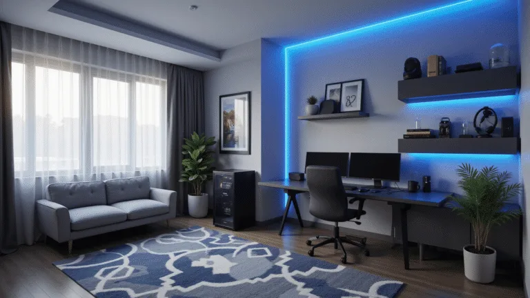 A cozy 100 sq ft gaming room featuring a matte black L-shaped desk with dual monitors, an ergonomic gaming chair, RGB LED strip lighting, a gray loveseat on a patterned rug, and minimalist gaming peripherals, all illuminated by soft natural light.