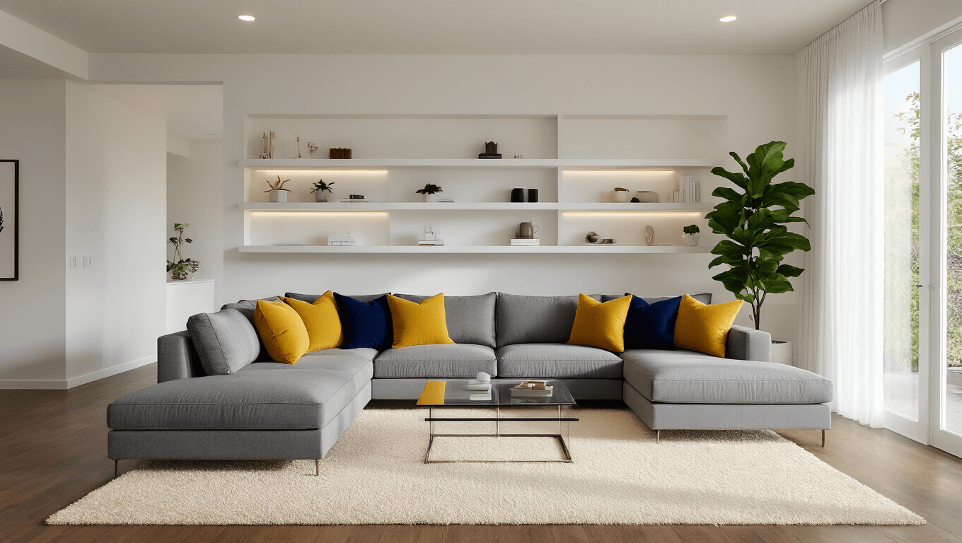 A luxurious modern living room featuring a gray L-shaped sectional sofa with mustard yellow and navy blue throw pillows, a glass coffee table on a cream plush rug, and built-in white shelves with decor and a fiddle leaf fig plant, all bathed in warm sunlight from floor-to-ceiling windows.