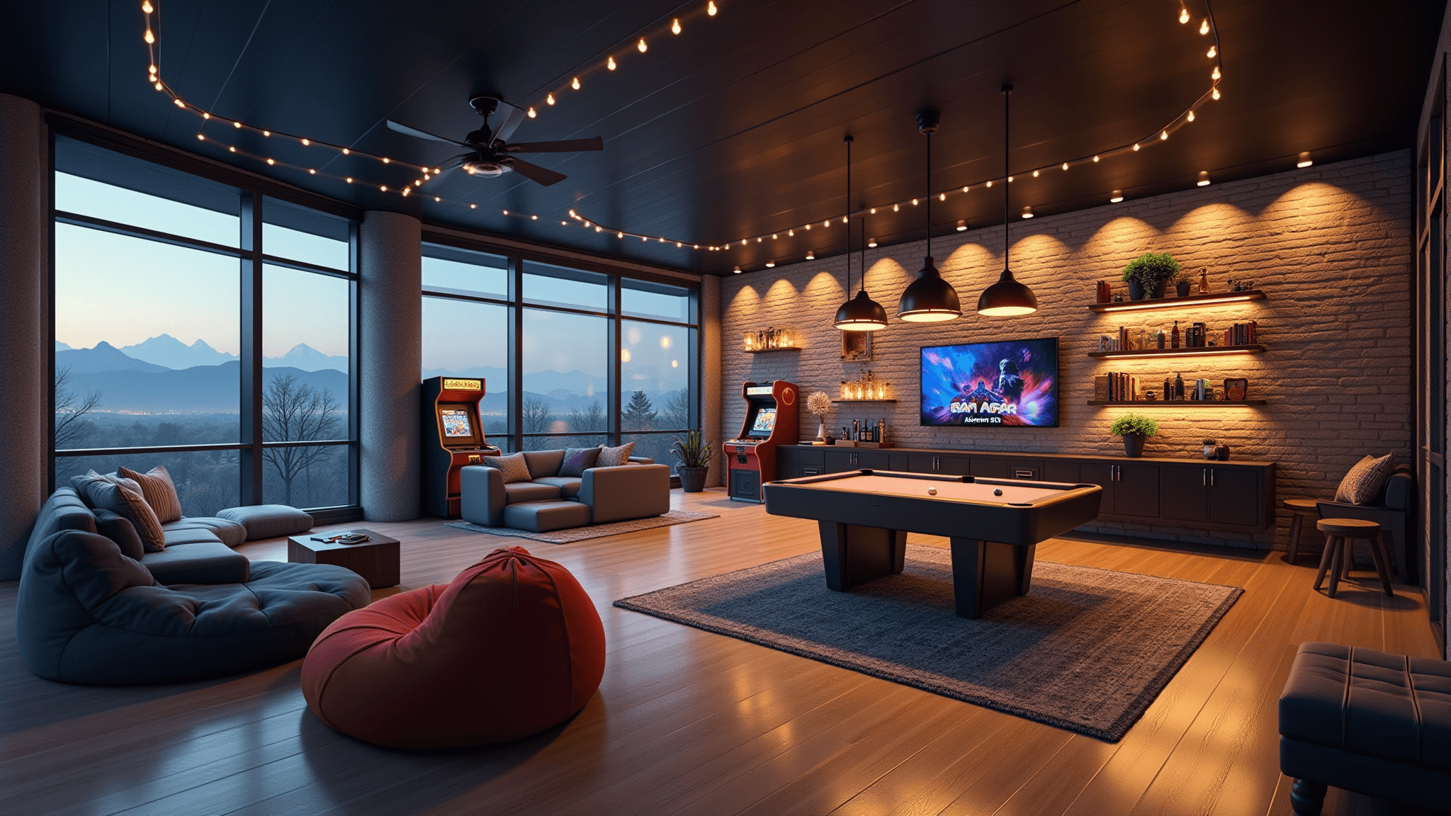 Photorealistic interior of a spacious family game room featuring a modern gaming corner, vintage arcade cabinets, a central pool table, and cozy seating, all illuminated by natural light and ambient Edison bulbs, with a color palette of deep blues and warm woods.