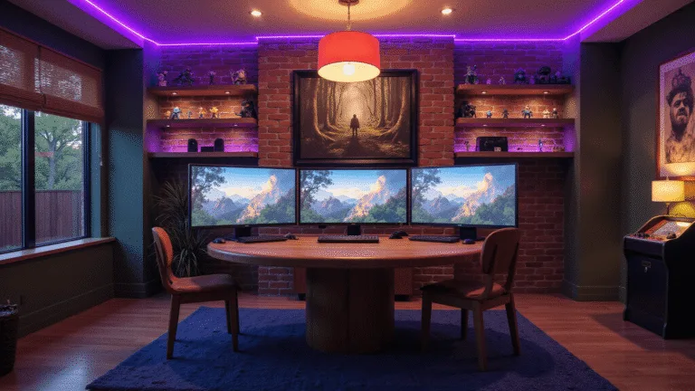 Ultra-detailed wide-angle photograph of a modern gaming sanctuary featuring rustic elements, with dramatic LED lighting, an exposed brick accent wall, a vintage oak gaming table, Amiibo display shelves, an extensive gaming monitor setup, and a cozy ambiance created by string lights and a red lava lamp.
