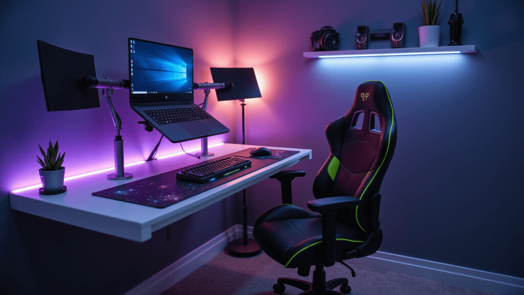 A modern gaming corner setup featuring a sleek gaming laptop on a metallic stand, dual curved monitors, warm LED backlighting, an ergonomic gaming chair, minimalist desk with an RGB keyboard and gaming mouse, clean cable management, and curated gaming collectibles.