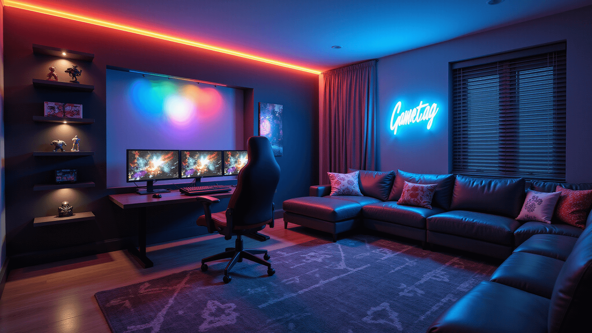 Cinematic wide-angle view of a luxurious gaming room featuring a large curved OLED TV with RGB lighting, triple ultrawide monitors on a gaming desk, custom water-cooled PC, and ambient hexagonal LED wall panels, complemented by a plush sectional and ergonomic gaming chair, all illuminated during blue hour.