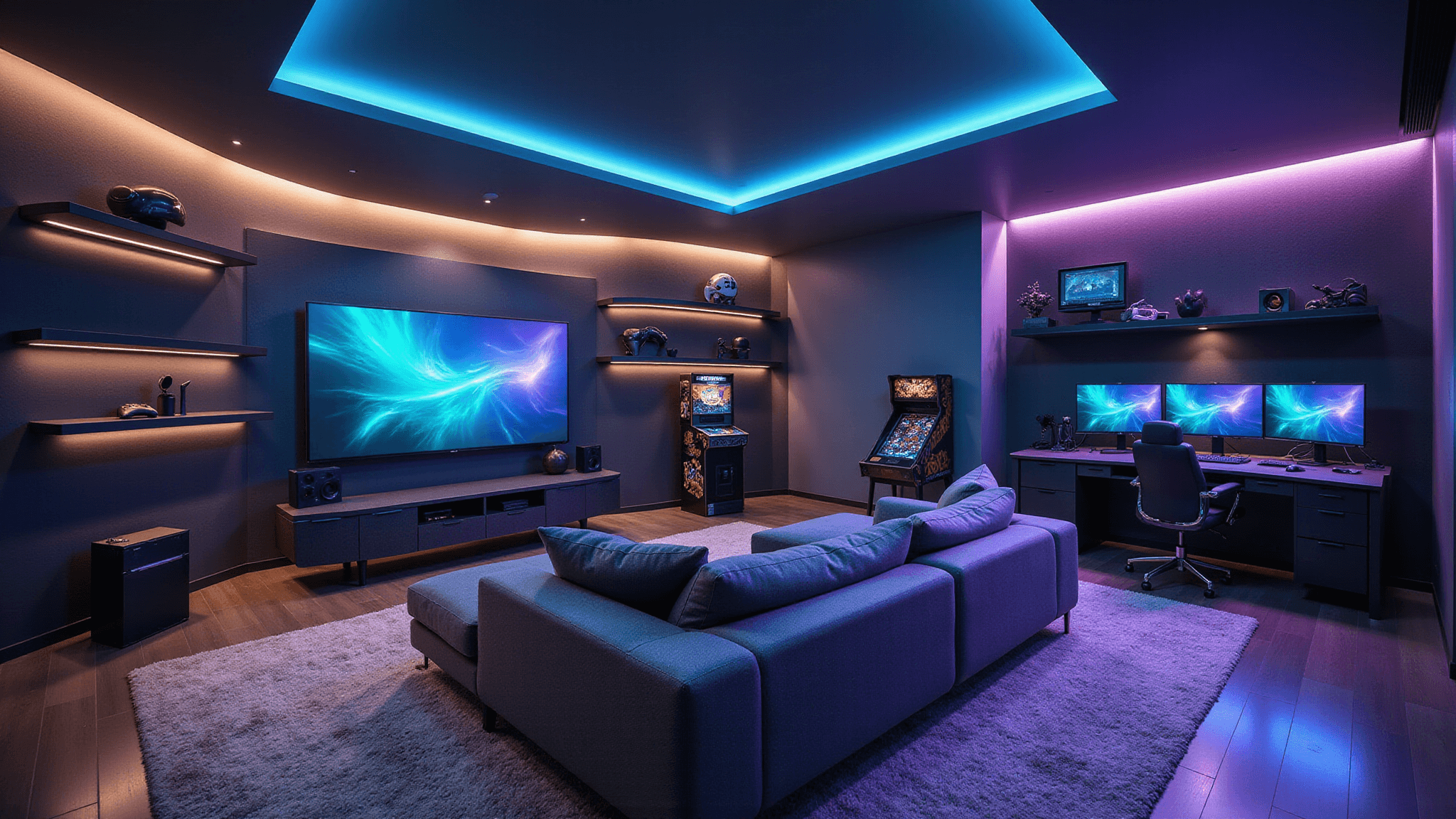 A luxurious gaming room featuring a curved OLED TV, dark grey sectional, RGB LED lighting, and a high-end gaming PC setup, captured in hyper-realistic detail.