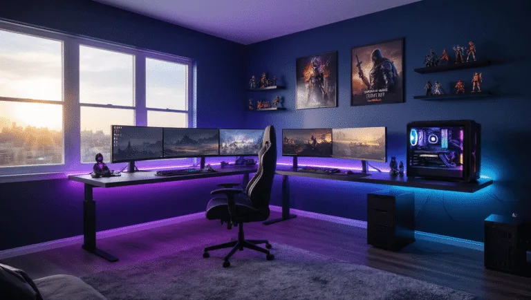 Hyperrealistic panoramic shot of a sophisticated gaming room featuring a floating L-shaped desk with triple ultrawide monitors, RGB lighting, a visible gaming PC, minimalist chair, and decorative shelves, bathed in late afternoon sunlight.