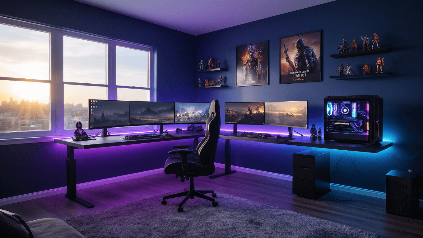 Hyperrealistic panoramic shot of a sophisticated gaming room featuring a floating L-shaped desk with triple ultrawide monitors, RGB lighting, a visible gaming PC, minimalist chair, and decorative shelves, bathed in late afternoon sunlight.