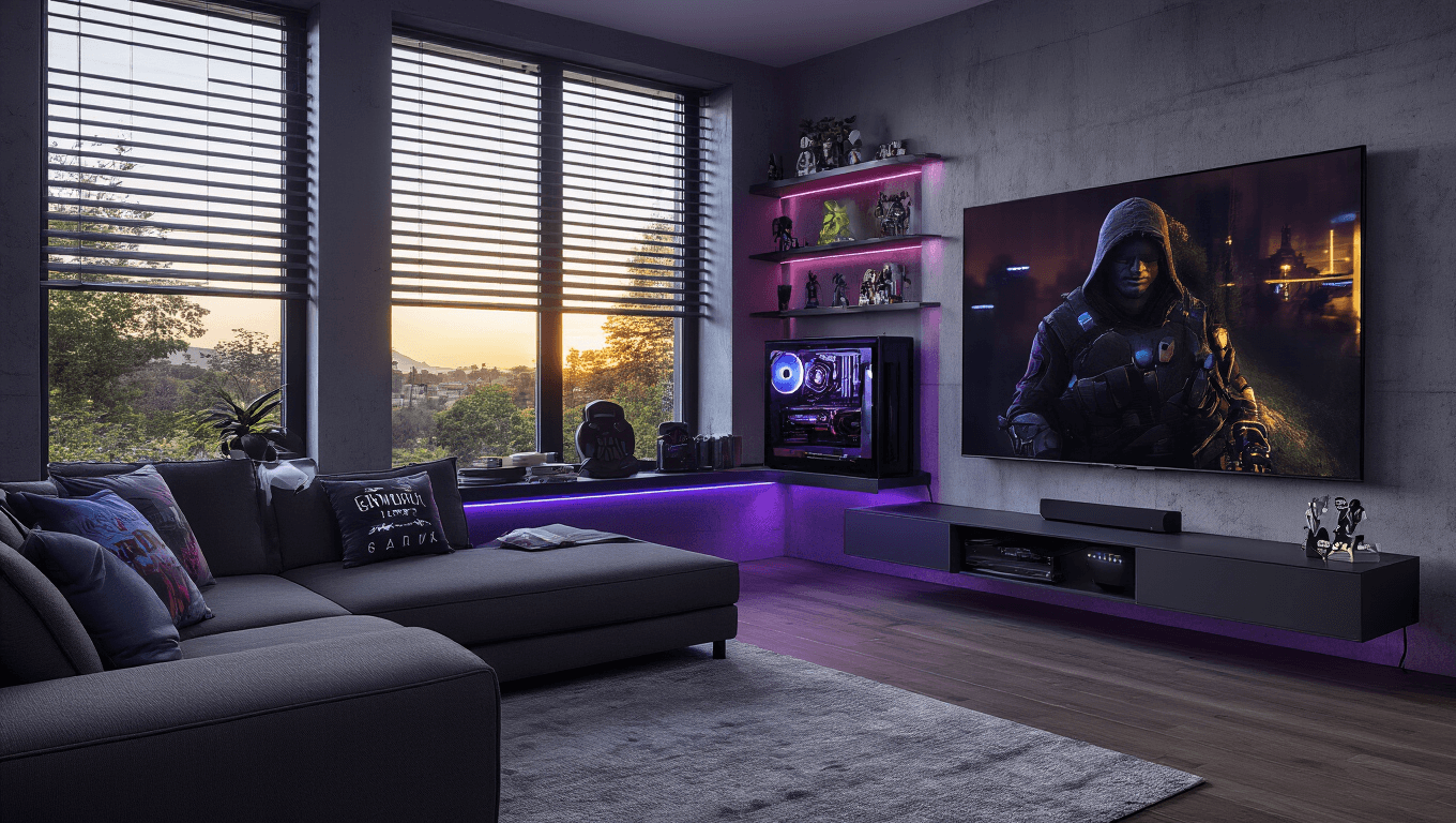 Photorealistic interior shot of a luxurious modern gaming living room setup, featuring an 85-inch OLED TV, charcoal gray sectional, RGB ambient lighting, and sleek gaming PC, with golden sunlight filtering through automated blinds.