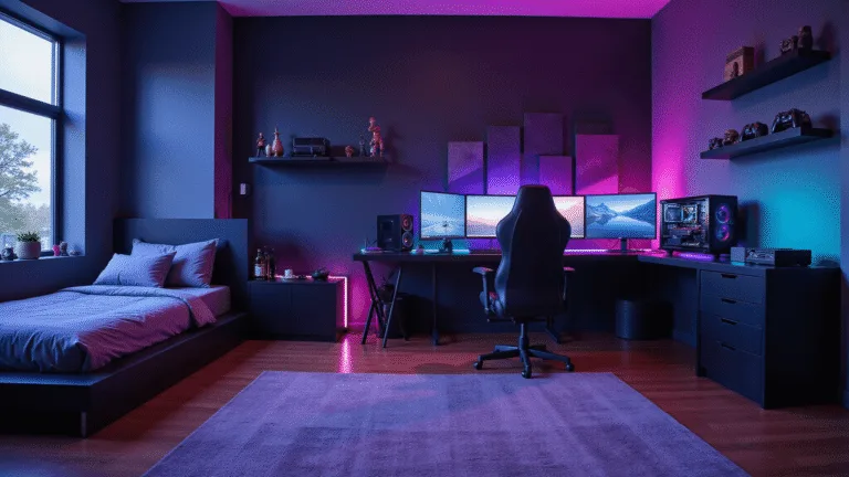 A modern gaming bedroom setup featuring a sleek L-shaped desk with dual monitors, high-end gaming chair, custom water-cooled PC, dynamic RGB lighting, and geometric nanoleaf wall panels, all in a cyberpunk-inspired environment.