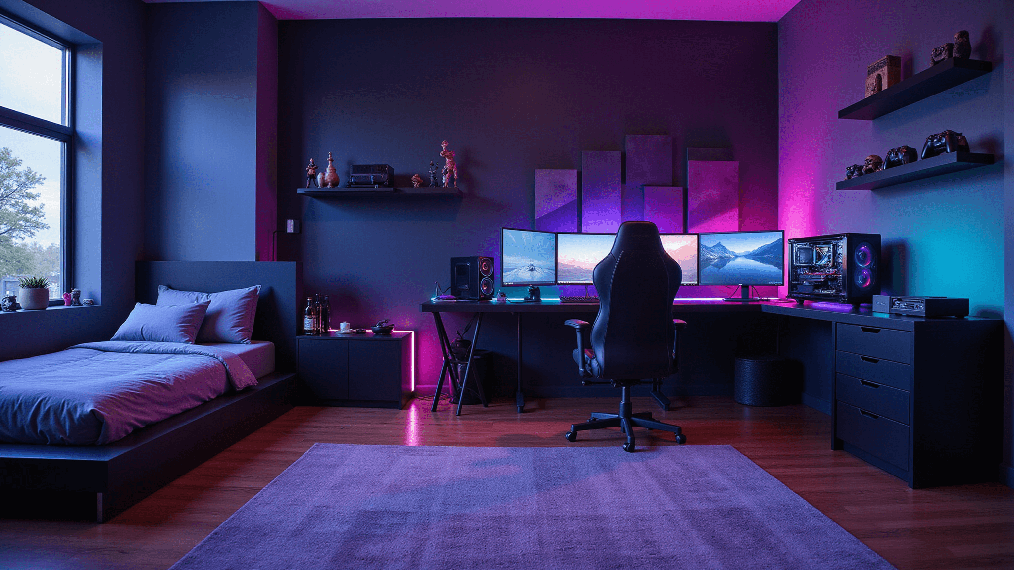 A modern gaming bedroom setup featuring a sleek L-shaped desk with dual monitors, high-end gaming chair, custom water-cooled PC, dynamic RGB lighting, and geometric nanoleaf wall panels, all in a cyberpunk-inspired environment.