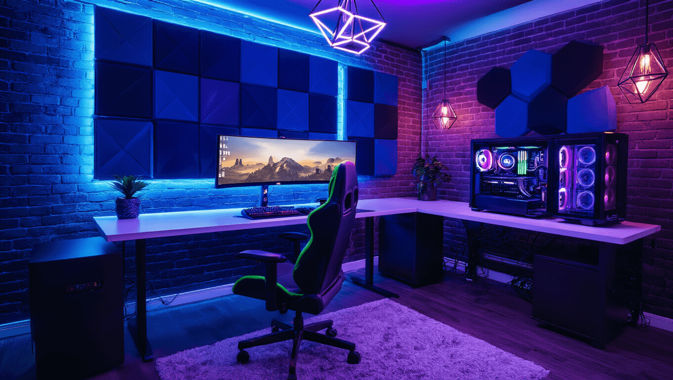 A modern gaming room featuring an L-shaped desk with a curved ultrawide monitor, a black leather gaming chair with neon green accents, and a custom-built PC in a glass case. Dramatic RGB lighting, exposed brick walls, and geometric pendant fixtures create a cyberpunk ambiance.