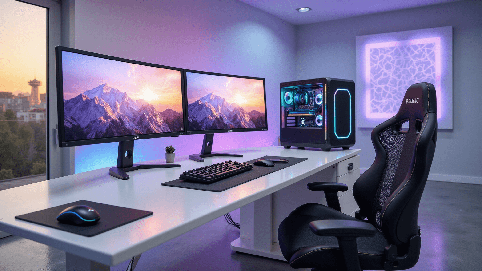 Photorealistic image of a modern gaming setup in a bright room, featuring an L-shaped standing desk, dual curved monitors, a water-cooled PC with RGB lighting, and an ergonomic black mesh chair, all accented by ambient purple-blue lighting and immaculate cable management, captured in golden hour at 8K resolution.