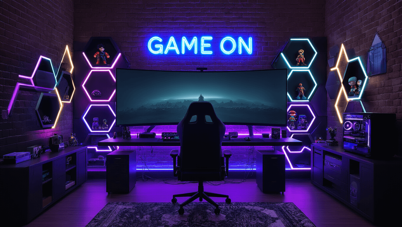 Photorealistic interior of a high-end gaming room with exposed brick walls, a curved ultrawide monitor, electric blue neon sign, RGB LED strips, geometric shelving showcasing retro consoles, and a premium black leather gaming chair, all in a moody cyberpunk aesthetic.