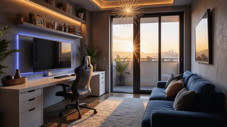 A luxurious modern gaming room with a sleek ultrawide monitor, ergonomic chair, and ambient RGB lighting, featuring a velvet loveseat and OLED TV, captured in warm golden hour light.