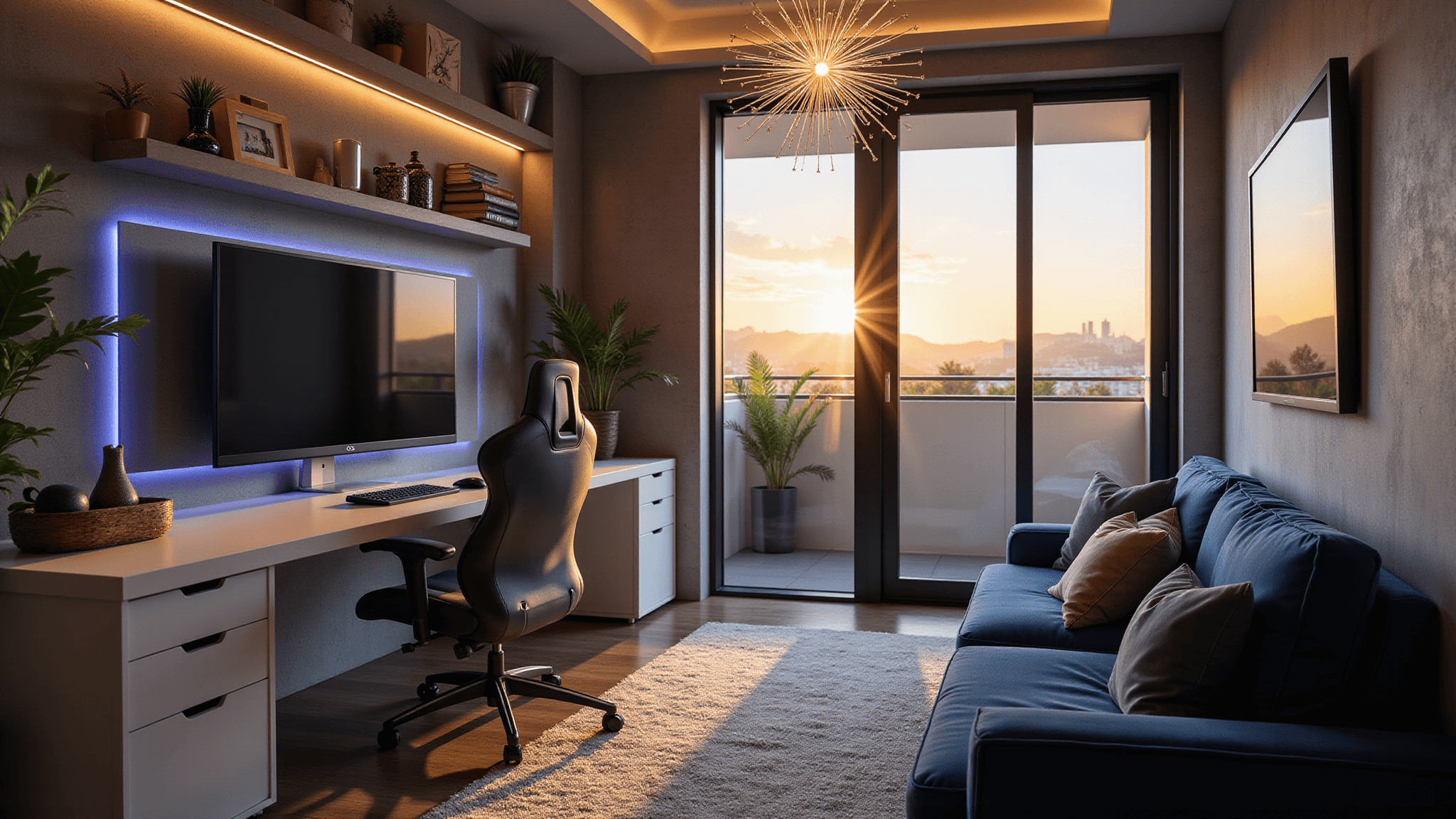 A luxurious modern gaming room with a sleek ultrawide monitor, ergonomic chair, and ambient RGB lighting, featuring a velvet loveseat and OLED TV, captured in warm golden hour light.