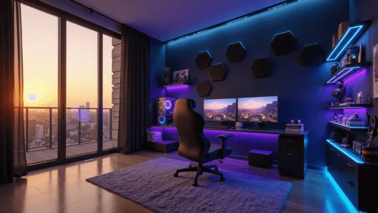 Photorealistic ultra-wide shot of a modern gaming sanctuary showcasing a sleek L-shaped glass desk with triple curved monitors, a custom RGB-lit PC, and an ergonomic black leather chair, accentuated by golden hour sunlight filtering through sheer curtains against a deep navy wall adorned with hexagonal acoustic panels and floating shelves filled with gaming memorabilia, all set on hardwood flooring with a geometric area rug, captured in cinematic quality.