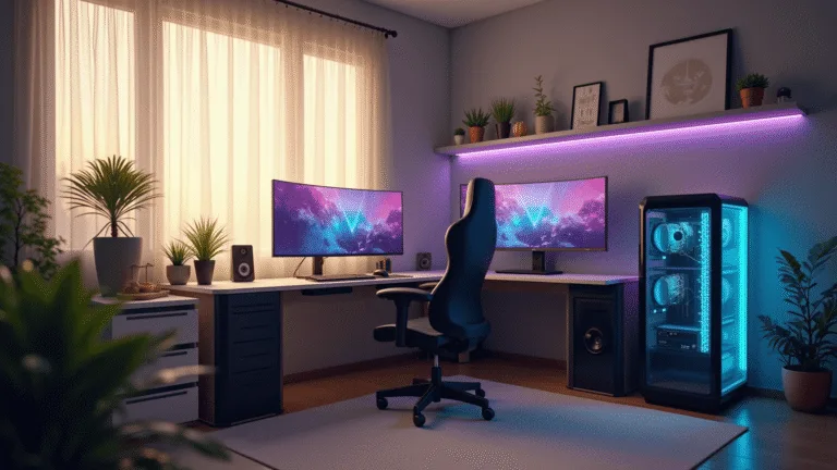 A modern gaming sanctuary featuring a pristine 10'x10' room with an ultra-wide curved monitor on a matte black L-shaped desk, illuminated by golden hour sunlight. The setup includes a custom water-cooled PC with electric blue and purple RGB lighting, minimalist geometric art, a Herman Miller Embody gaming chair, and Nanoleaf panels. The soft lighting enhances the clean aesthetic, with subtle bokeh effects, showcasing a cable-free environment and clean storage from white IKEA Alex drawers.