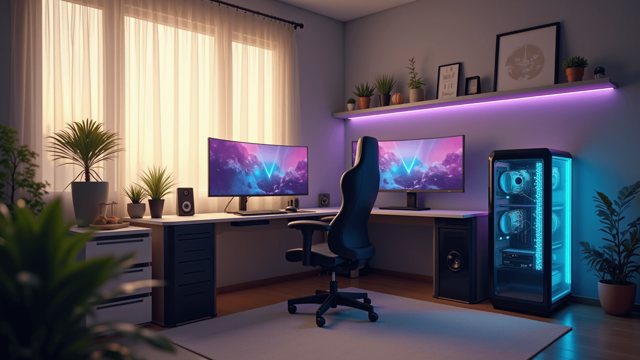 A modern gaming sanctuary featuring a pristine 10'x10' room with an ultra-wide curved monitor on a matte black L-shaped desk, illuminated by golden hour sunlight. The setup includes a custom water-cooled PC with electric blue and purple RGB lighting, minimalist geometric art, a Herman Miller Embody gaming chair, and Nanoleaf panels. The soft lighting enhances the clean aesthetic, with subtle bokeh effects, showcasing a cable-free environment and clean storage from white IKEA Alex drawers.