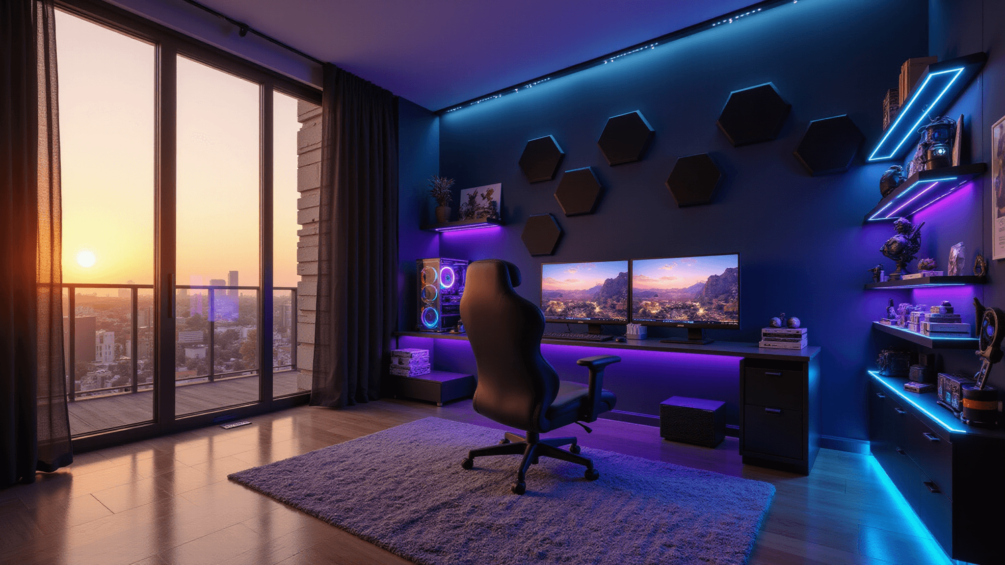 Photorealistic ultra-wide shot of a modern gaming sanctuary showcasing a sleek L-shaped glass desk with triple curved monitors, a custom RGB-lit PC, and an ergonomic black leather chair, accentuated by golden hour sunlight filtering through sheer curtains against a deep navy wall adorned with hexagonal acoustic panels and floating shelves filled with gaming memorabilia, all set on hardwood flooring with a geometric area rug, captured in cinematic quality.