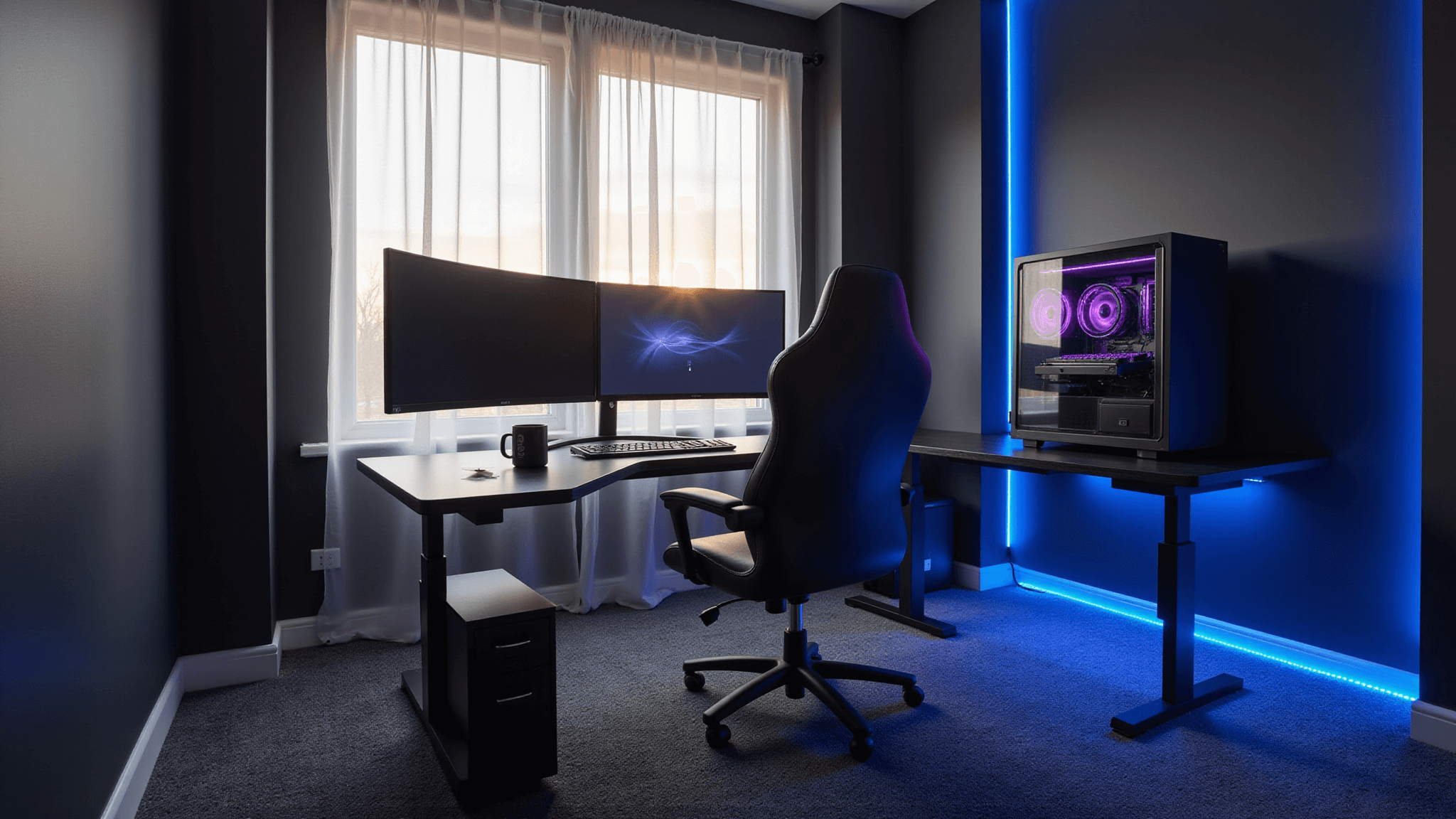 Hyperrealistic image of a modern gaming room featuring black walls, a minimalist desk with dual ultrawide monitors, RGB lighting, and a custom water-cooled PC, all illuminated by soft afternoon sunlight.