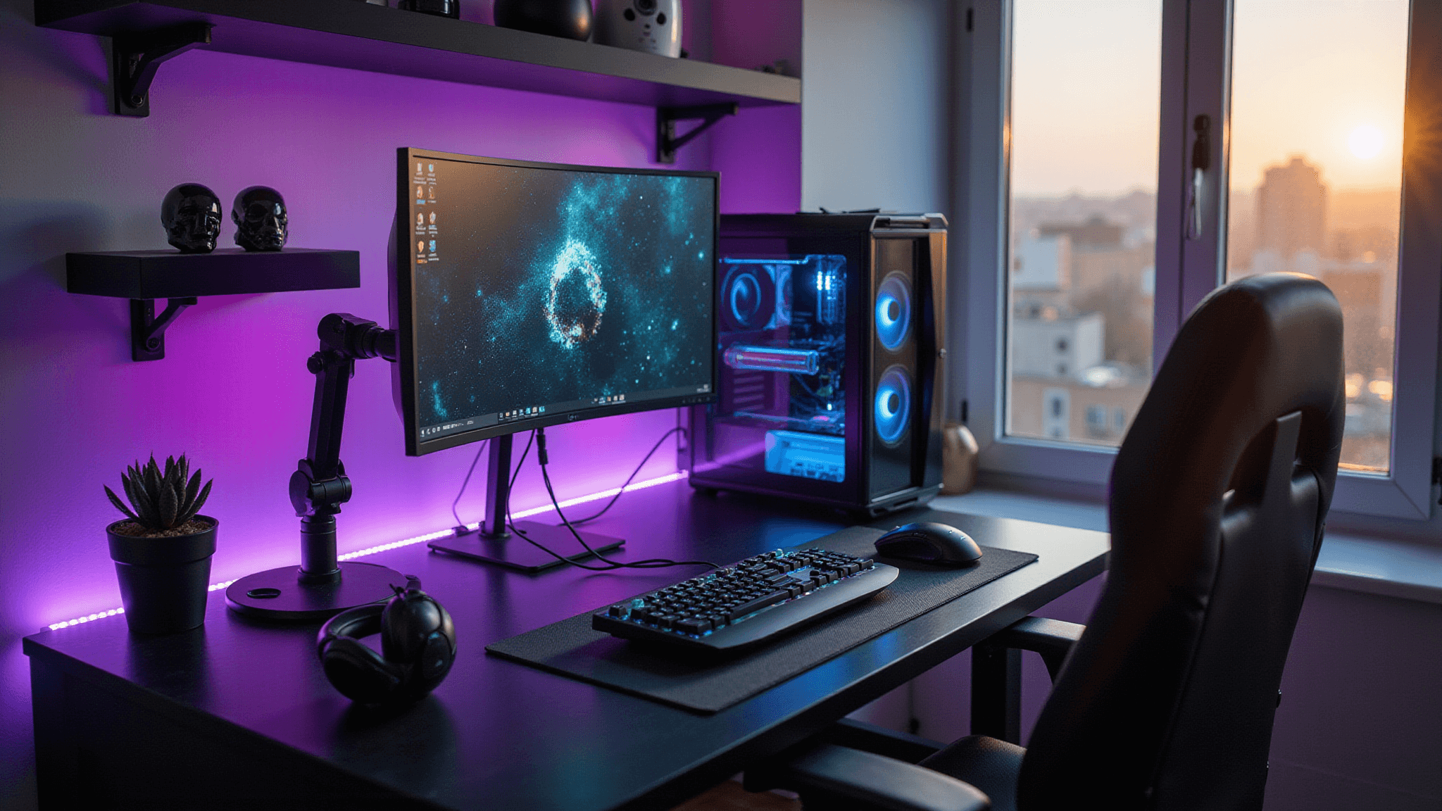 Premium gaming desk setup featuring an ultra-wide monitor, custom water-cooled PC, ergonomic chair, and ambient RGB lighting, captured during golden hour.