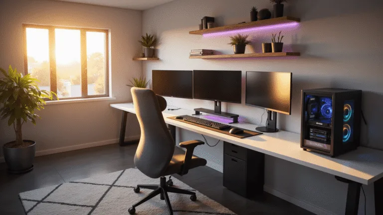 Cozy Gaming Setup: Your Ultimate Guide to Creating a Comfy Digital Retreat A modern gaming setup featuring a sleek triple monitor arrangement, an RGB-lit mechanical keyboard, and a stylish ergonomic chair, all illuminated by warm golden hour sunlight, set against light gray walls with curated gaming collectibles and lush plants.