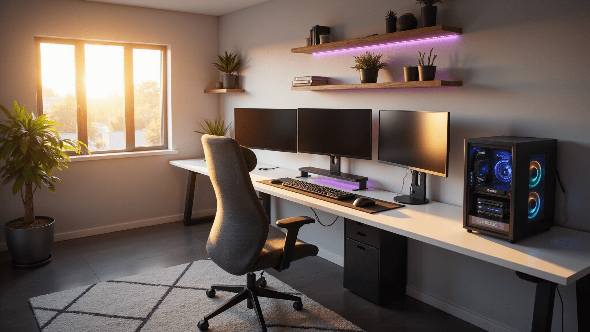 A modern gaming setup featuring a sleek triple monitor arrangement, an RGB-lit mechanical keyboard, and a stylish ergonomic chair, all illuminated by warm golden hour sunlight, set against light gray walls with curated gaming collectibles and lush plants.