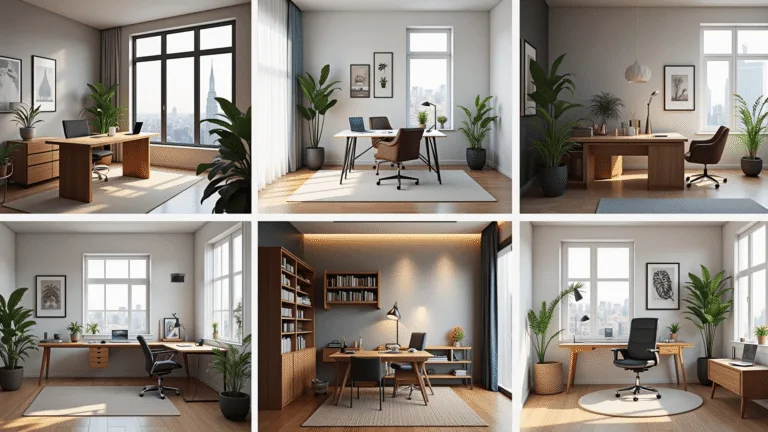 Photorealistic composite of six distinct home office styles featuring a cozy corner office with a bay window, a minimalist workspace with city views, a bohemian setup with plants, a luxurious mahogany library, a high-tech gamer's station, and a budget-friendly nook, captured in ultra-detailed 8K resolution with varied lighting and textures.