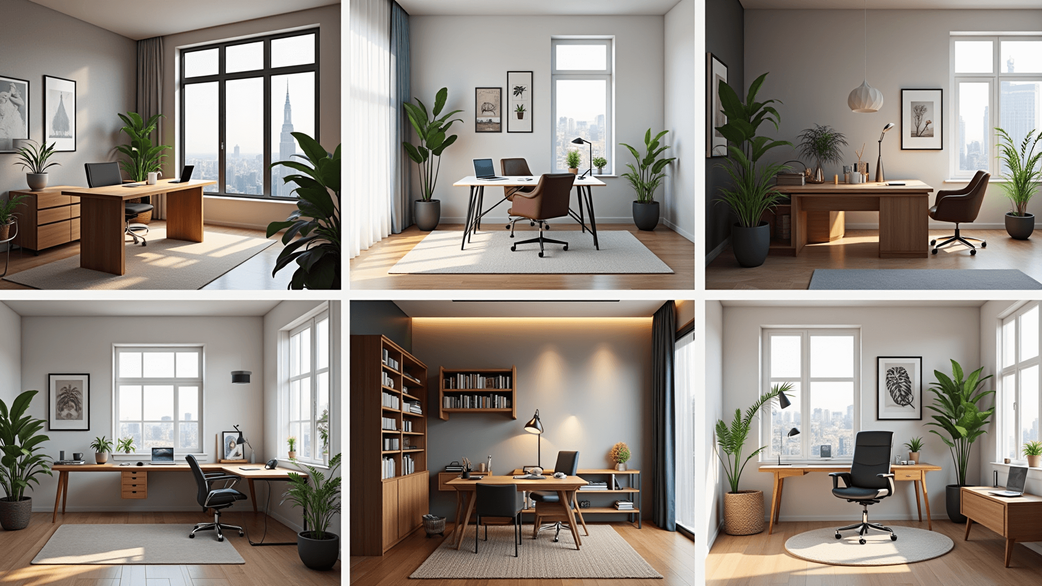Photorealistic composite of six distinct home office styles featuring a cozy corner office with a bay window, a minimalist workspace with city views, a bohemian setup with plants, a luxurious mahogany library, a high-tech gamer's station, and a budget-friendly nook, captured in ultra-detailed 8K resolution with varied lighting and textures.