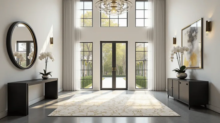 A luxurious Bloxburg entrance foyer with 12-foot ceilings, modern chandelier, floor-to-ceiling windows, white walls with geometric art, matte black console table, white orchid, polished concrete floors, abstract area rug, brass-framed mirror, and glass pendant lighting, all in golden hour lighting.
